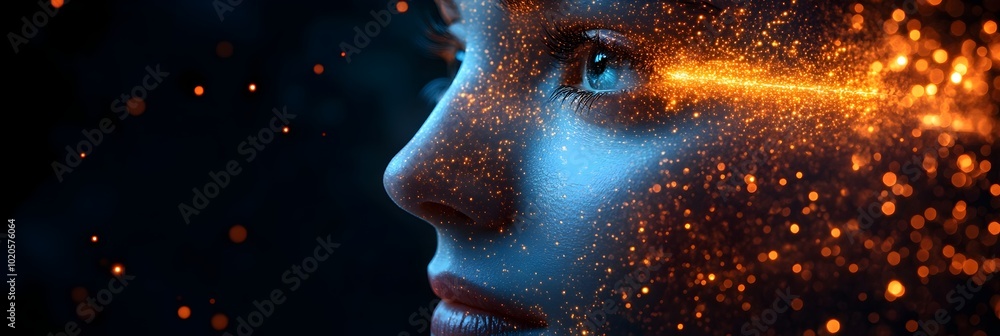 Poster glowing cosmic woman with ethereal celestial particles in captivating digital portrait. surreal,futu