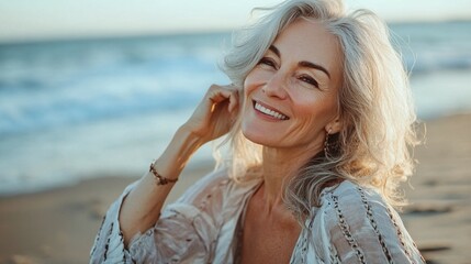 joyful mature caucasian woman with a carefree smile, posing at the beach and looking away, relaxed and beautiful scene by the ocean, capturing a happy moment in the coastal sunlight