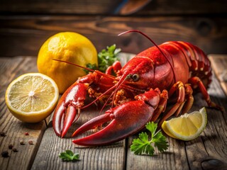 Captivating macro shot of a succulent lobster alongside a zesty lemon, highlighting rich details and vibrant hues, ideal for seafood-themed visuals in crisp 4K quality.