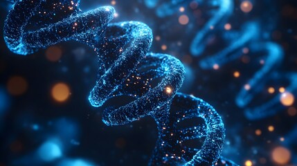 Glowing Digital DNA Molecule Structure with Futuristic Blue Backdrop. Abstract 3D of Genetic Code,Molecular Biology,Scientific Research and Innovation Concept.