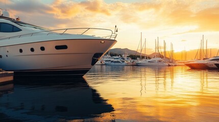 A tranquil view of a yacht docked at a marina during sunset, with calm waters and boats lining the port, evoking a relaxing vacation scene