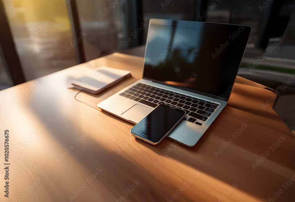 Poster a laptop and smartphone are on a wooden surface with a window in the background.