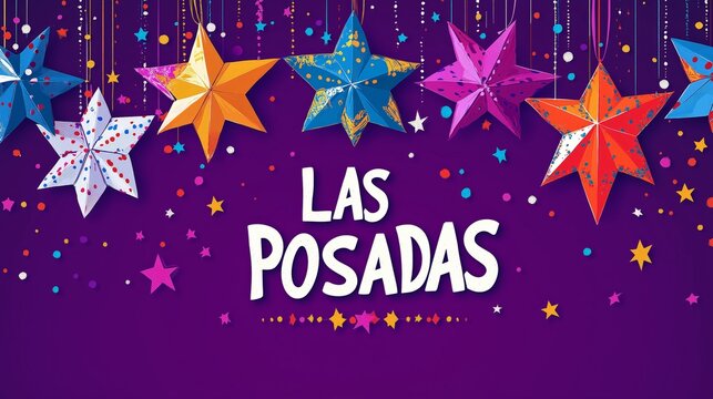  Colorful Las Posadas stars on purple background for Mexican holiday celebrations.