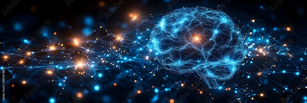 Poster Glowing neural network and futuristic brain connections representing intelligence,digital technology,and cognitive processing concepts. Abstract visualization of neural pathways,synaptic activity.