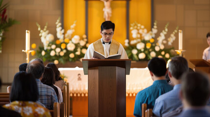 Priest Delivering Sermon in Church with Congregation Listening Attentively in a Peaceful Religious Setting