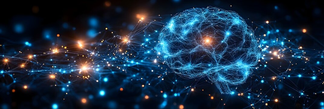 Glowing neural network and futuristic brain connections representing intelligence,digital technology,and cognitive processing concepts. Abstract visualization of neural pathways,synaptic activity.
