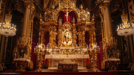 Ornate Baroque Church Altar with Golden Decorations and Religious Statues Illuminated by Chandeliers