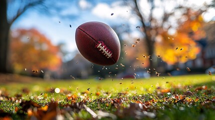Touchdown Throw: Football Spiraling Towards End Zone on Vibrant Green Field - Close-up Photography with Sharp Focus