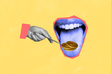 Composite photo collage of hand hold spoon feed mouth coin stack nutrition wealth profit rich...