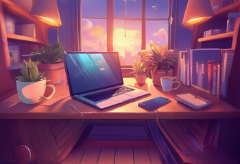 Fototapeta premium A wooden desk with a laptop, phone, mug, and plants set against a window with a sunset view.