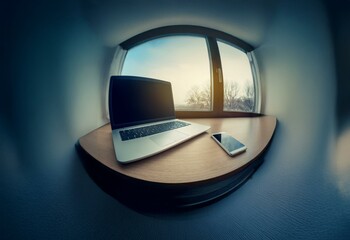 A laptop and a phone are on a wooden table next to a window with a view of trees and a cloudy sky.