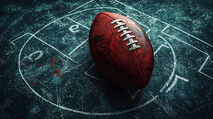 Strategic Football Play Tactics - Single football on chalk diagram under dramatic lighting from overhead view.