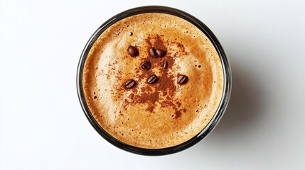 cappuccino coffee in a glass cup with creamy foam, view from above, isolated on white background, delicious hot drink perfect for cafes and coffee lovers, barista style cappuccino