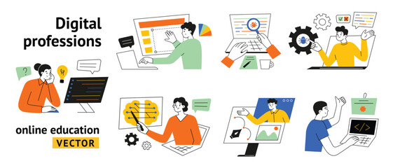 Vector illustrations of digital professions, online education set in flat cartoon style. Characters learning technology, training for programming, AI, web design, courses on data science, coding
