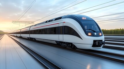 Fototapeta premium High-speed electric passenger train traveling at sunset on a modern,elevated railway line. The sleek,aerodynamic train is designed for efficient,rapid intercity travel.