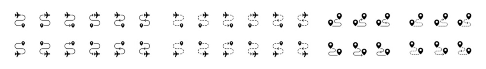 Airplane icon set. plane icon set. location pin icon. flying destination. flight destination location pin fly landing arrival departure aeroplane take off map trip mark vector travel vacation roadmap 