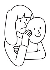 Png sad woman with happy mask doodle, transparent background