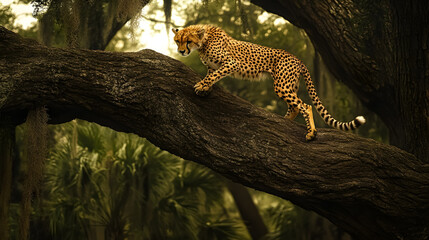 Cheetah on Twisted Tree: A cheetah walking down a twisted tree in the savannah.