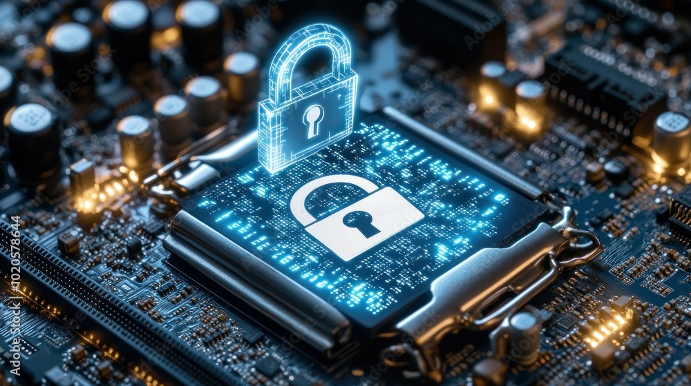 Poster cyber security concept: digital padlock on a circuit board