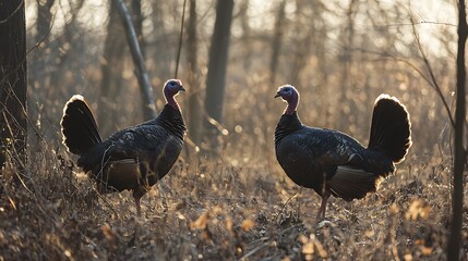 Two wild turkeys standing in a forest during golden hour.