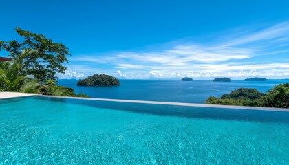 Fototapeta premium Elegant seaside villa with a stunning infinity pool and breathtaking ocean views, perfect for high-end real estate, travel ads, or architectural photography