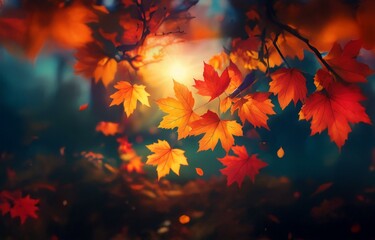 Autumn leaves in shades of orange, red, and yellow against a blurred background.