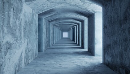 Obraz premium Frozen corridor with arched ceilings and icy surfaces, light at the end of the tunnel, perfect for sci-fi adventures, dystopian environments, or winter-themed worlds