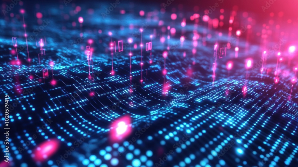 Poster abstract technology background with waves of light, binary codes, and connected digital points for f