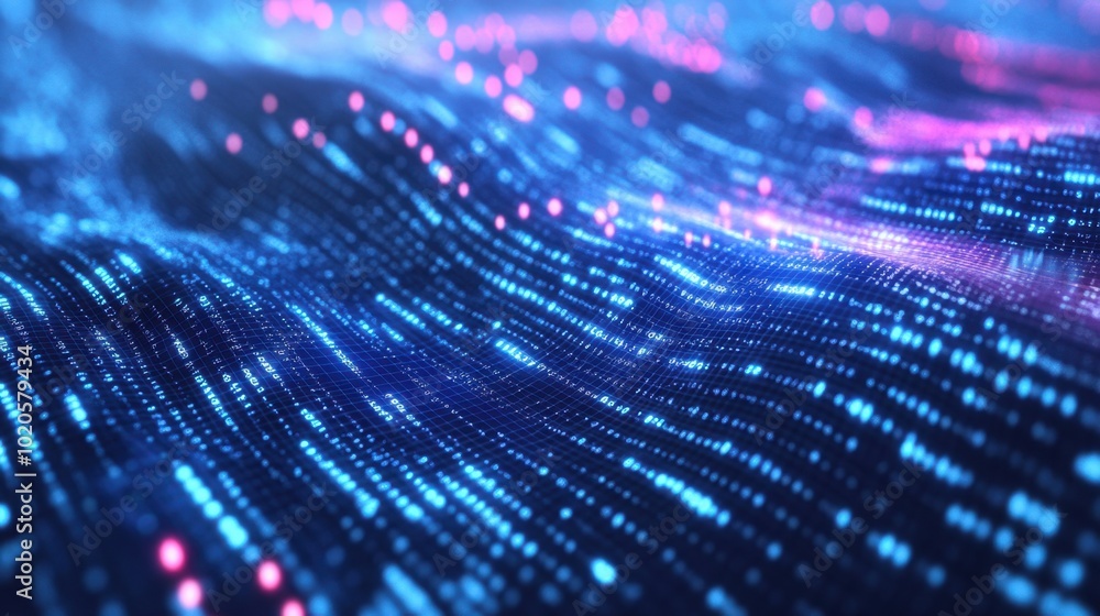 Poster abstract technology background with waves of light, binary codes, and connected digital points for f