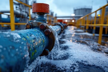 This close-up image shows a robust blue industrial pipe releasing water, representing strength, resilience, and reliability in modern utilities management.