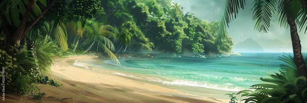 Aufkleber Experience a tranquil escape as a tropical forest seamlessly transitions into a beautiful beach with gentle waves and soft sand. Generative AI