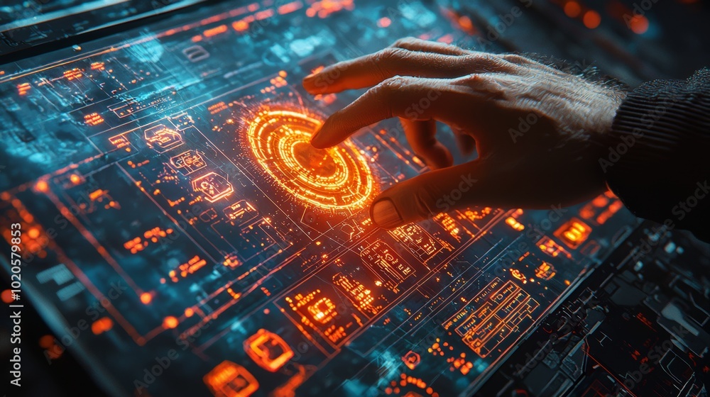 Poster hand interacting with futuristic digital interface in dark setting