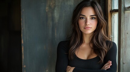 Fototapeta premium beautiful confident woman with arms crossed, serious look on her face, posing with a professional attitude, stylish and elegant portrait of a powerful female, strong and assertive demeanor