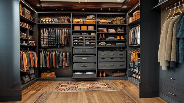 This spacious walk-in closet features neatly arranged clothing, stylish accessories, and a warm wooden floor, creating an inviting and functional space.