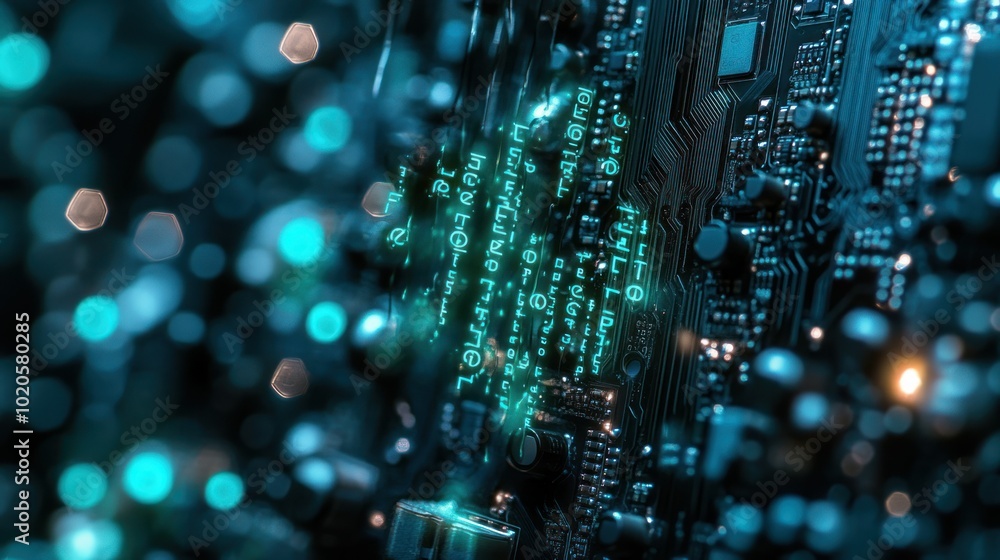 Poster close-up of a circuit board with glowing green text and bokeh lights