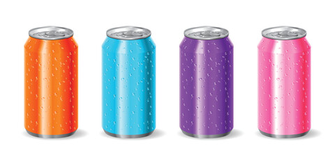aluminum drink soda cans with water droplets set of 4 pink purple blue orange vector 