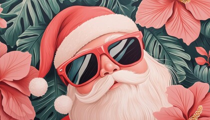 Holiday Santa enjoying a tropical getaway, wearing shades and surrounded by hibiscus flowers, perfect for Christmas in July themes, tropical holiday greetings, or fun festive designs