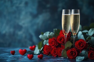 valentines day concept banner with champagne glasses, red rose bouquet, and space for text in a cozy setting