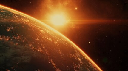 Breathtaking space view of Earth with the sun rising over the horizon, casting warm light across the planet surface, as seen from orbit