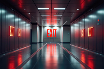 Red exit sign illuminating dark industrial corridor