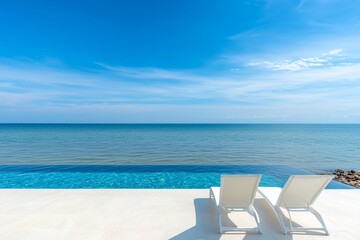 Minimalist beachfront villa with an infinity pool, calm ocean views and bright blue skies, ideal for luxury travel marketing, real estate listings, or architectural showcases