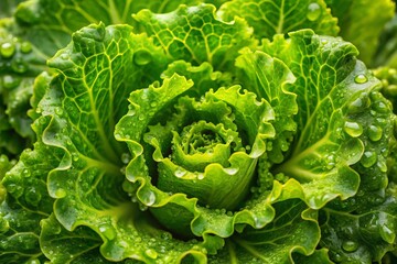 Close-up photography featuring fresh lettuce with bright green leaves and glistening water droplets, embodying the essence of healthy eating and nutrition.