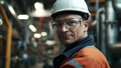 Confident Engineer Wearing Protective Gear in an Industrial Facility