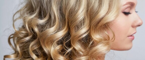 Naklejka premium Soft, luminous curls frame the face, highlighting the vibrant and healthy texture of the blond hair. The close-up captures the intricate details beautifully. Care cosmetics. Generative AI