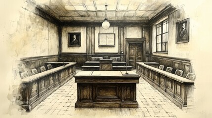 Obraz premium Elegant interior of an empty courtroom with classic wooden furnishings