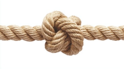 Natural fiber rope tied in a knot with a flowing end, isolated on white background, perfect for sailing, outdoor gear advertisements, or metaphorical designs