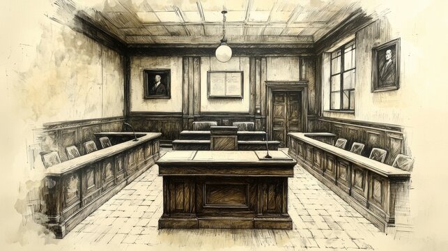 Elegant interior of an empty courtroom with classic wooden furnishings