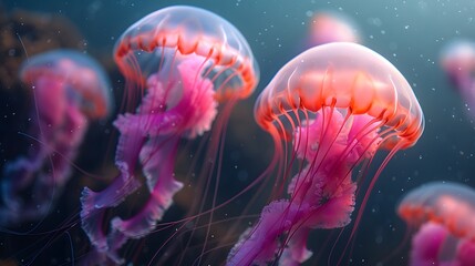 Naklejka premium Electric pink jellyfish with trailing tentacle. AI generated