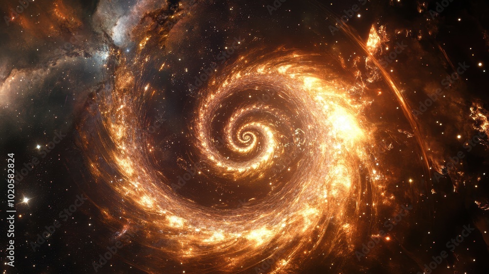 Poster cosmic scene with a glowing golden ratio spiral extending into the universe, representing the inters