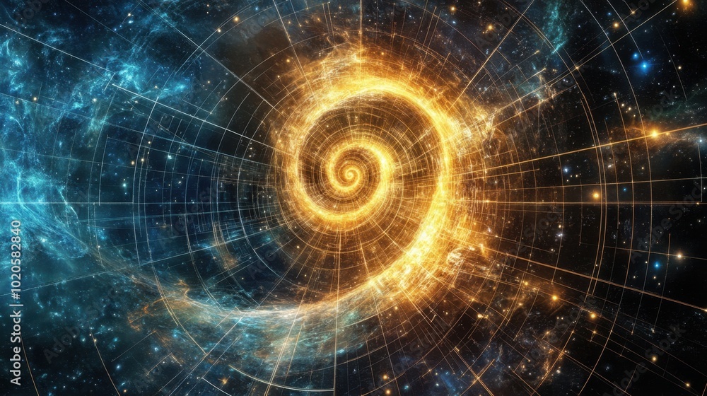 Poster cosmic scene with a glowing golden ratio spiral extending into the universe, representing the inters